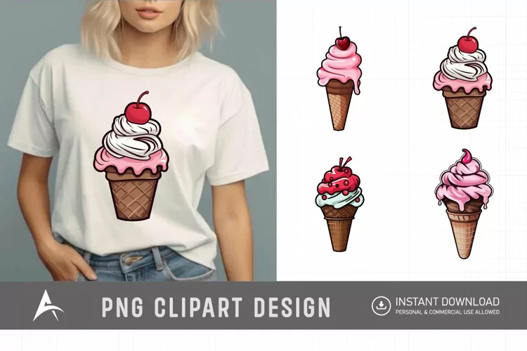 Watercolor Valentine Ice Cream Cone Clipart