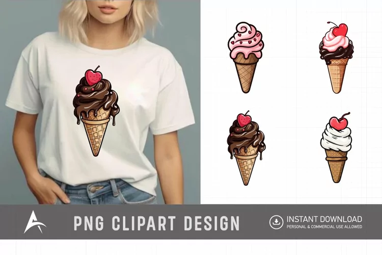 Watercolor Valentine Ice Cream Cone Clipart