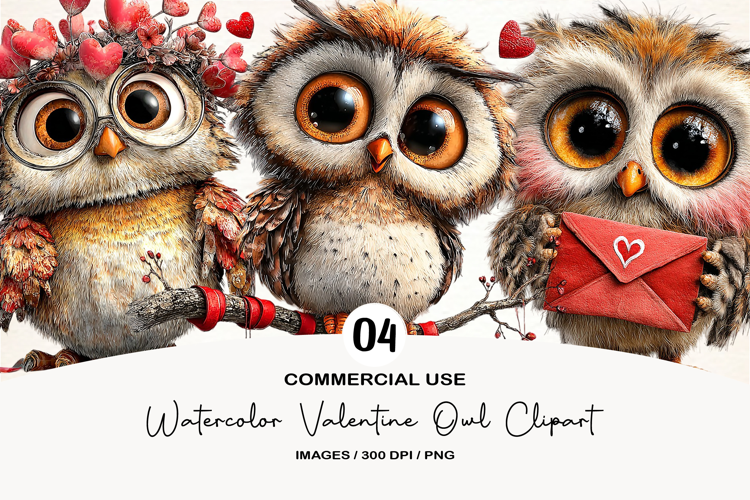 Watercolor Valentine Owl Clipart