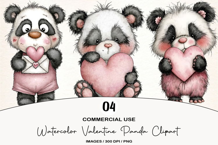 Watercolor Valentine Panda Clipart