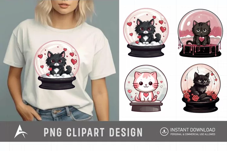 Watercolor Valentine's Cats in Water Globe Clipart