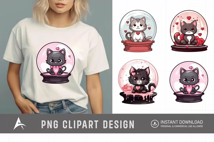 Watercolor Valentine's Cats in Water Globe Clipart