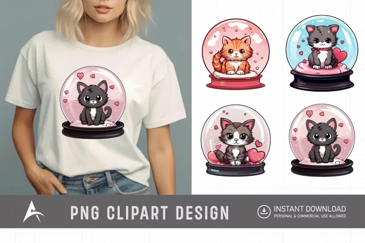 Watercolor Valentine's Cats in Water Globe Clipart