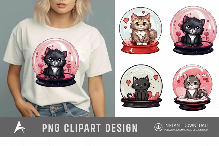 Watercolor Valentine's Cats in Water Globe Clipart