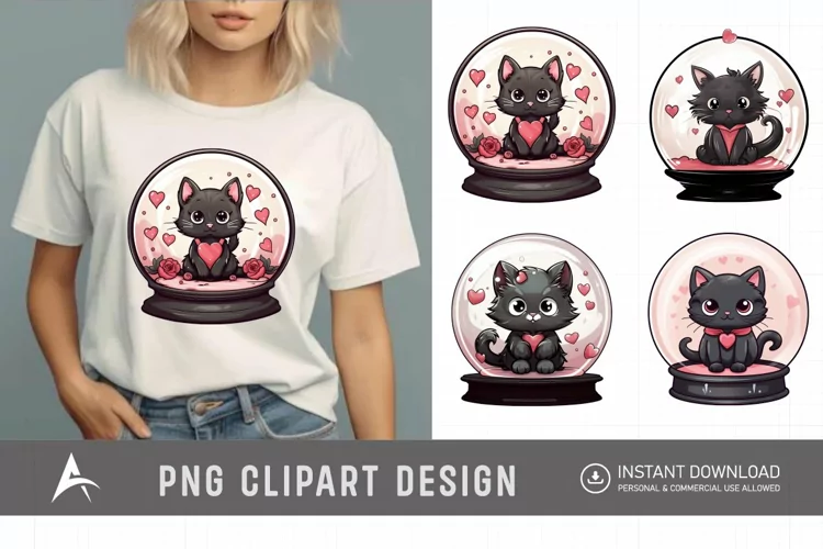 Watercolor Valentine's Cats in Water Globe Clipart