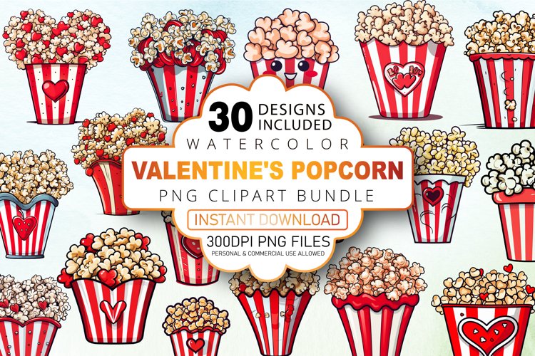 Watercolor Valentines Popcorn Clipart Bundle