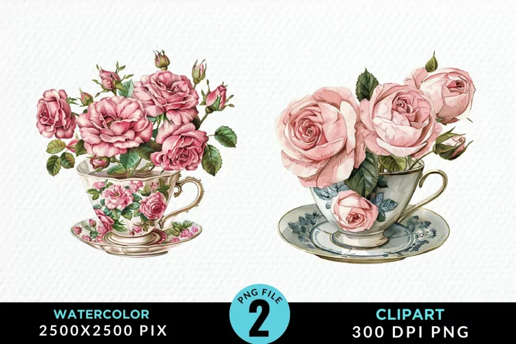 Watercolor Valentine's Roses In A Cup Clipart