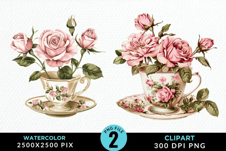 Watercolor Valentine's Roses In A Cup Art Clipart