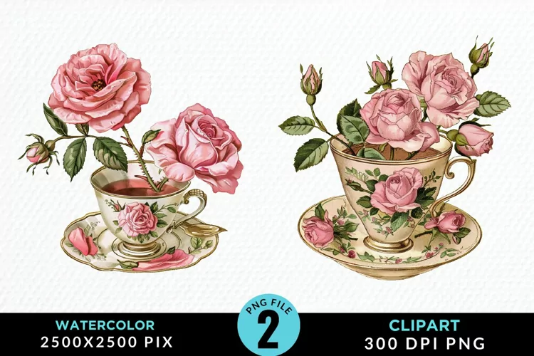 Watercolor Valentine's Roses In A Cup Art Clipart