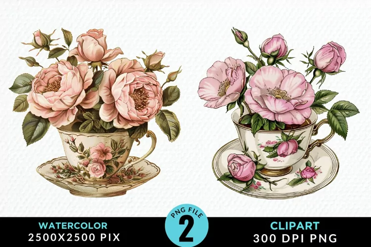Watercolor Valentine's Roses In A Cup Clipart