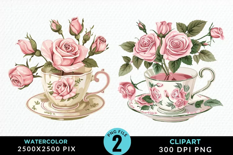 Watercolor Valentine's Roses In A Cup Art Clipart