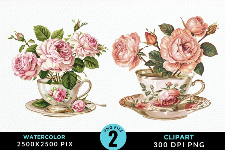 Watercolor Valentine's Roses In A Cup Clipart