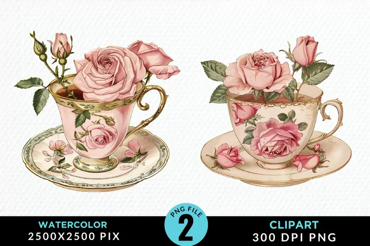 Watercolor Valentine's Roses In A Cup Art Clipart