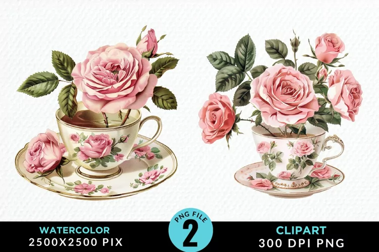 Watercolor Valentine's Roses In A Cup Clipart