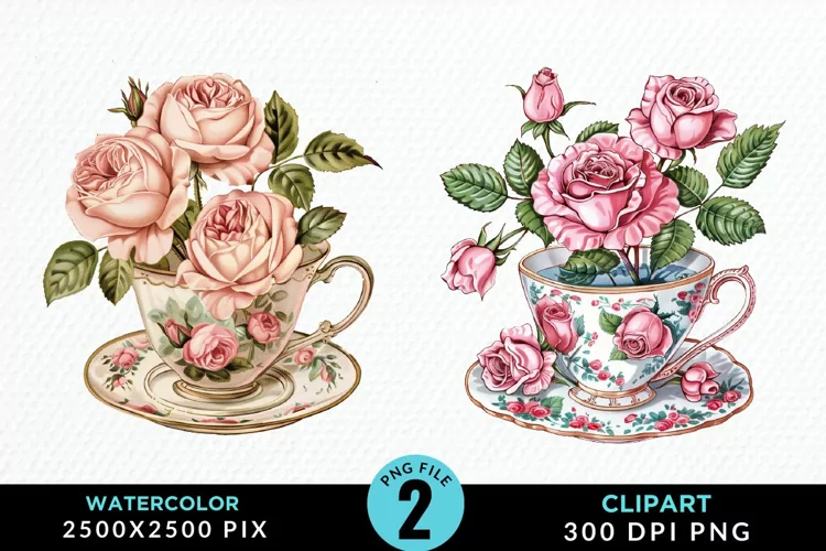 Watercolor Valentine's Roses In A Cup Art Clipart