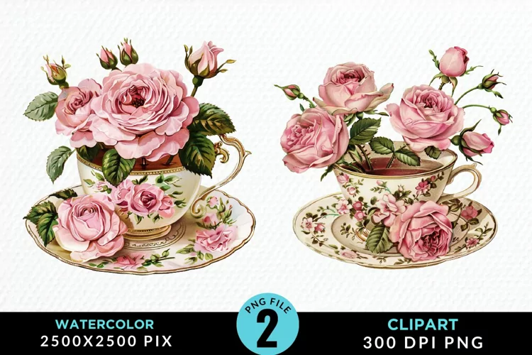 Watercolor Valentine's Roses In A Cup Clipart