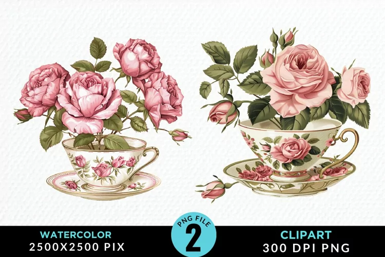 Watercolor Valentine's Roses In A Cup Clipart