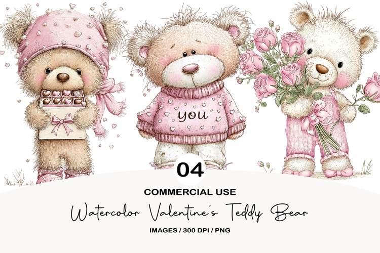Watercolor Valentines Teddy Bear PNG