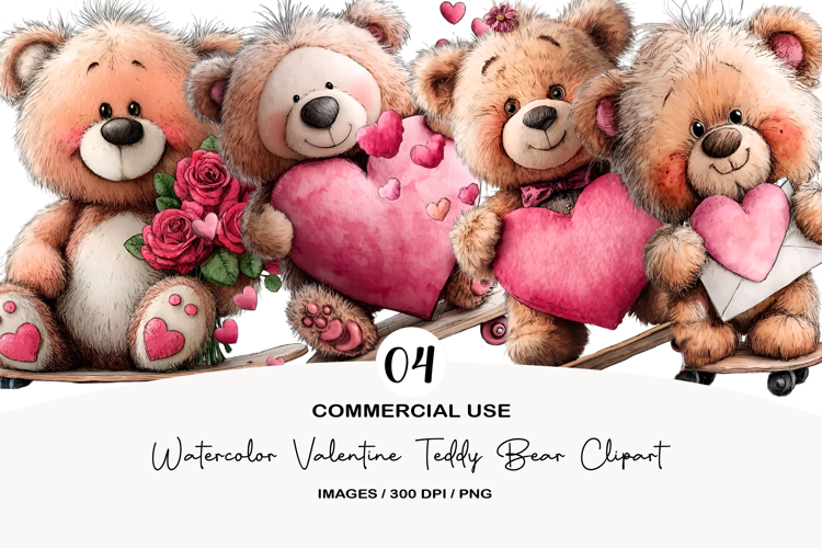 Watercolor Valentine Teddy Bear Clipart