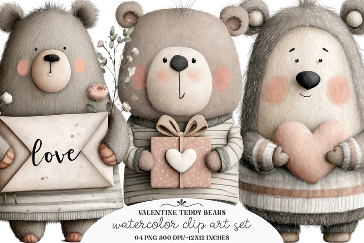 Watercolor Valentine Teddy Bears PNG - Valentine Teddy Bear