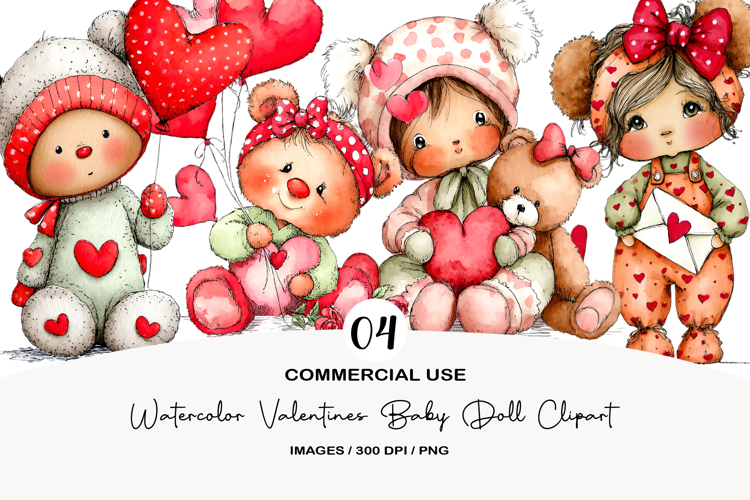 Watercolor Valentines Baby Doll Clipart