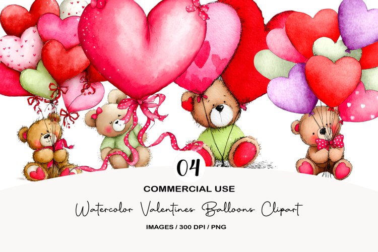 Watercolor Valentines Balloons Clipart