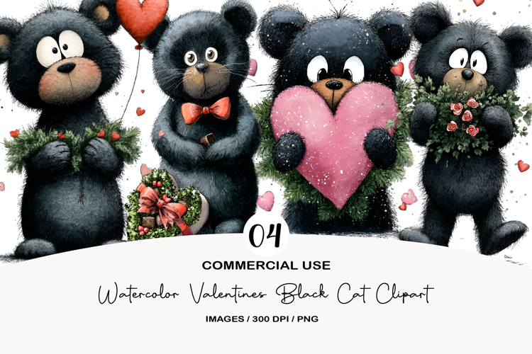 Watercolor Valentines Black Cat Clipart