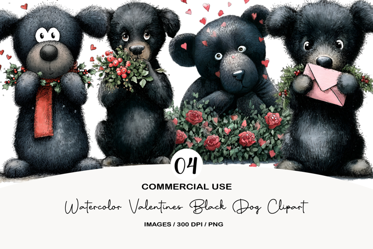 Watercolor Valentines Black Dog Clipart