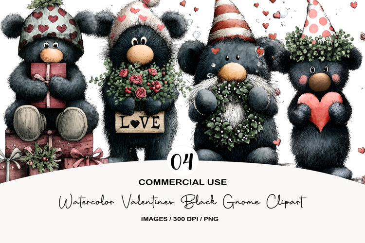 Watercolor Valentines Black Gnome Clipart