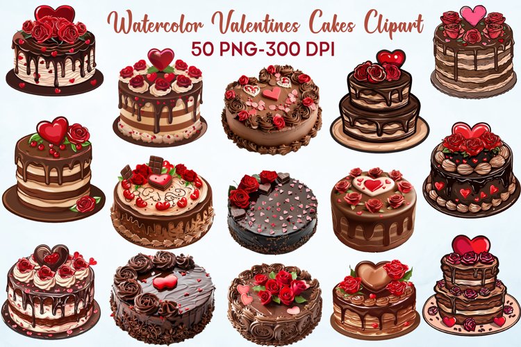 Watercolor Valentines Day Cake Clipart Bundle