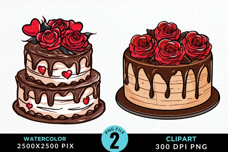 Watercolor Valentines Cakes Sublimation PNG Clipart