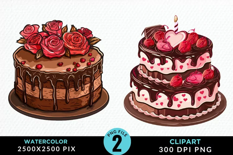 Watercolor Valentines Cakes Sublimation PNG Clipart