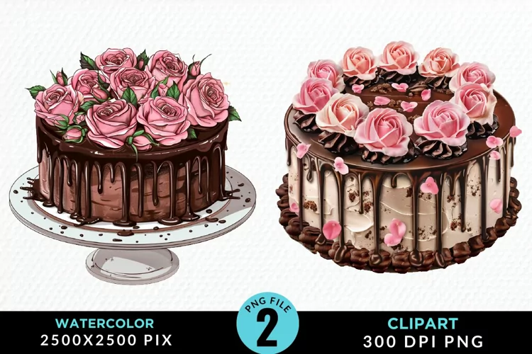 Watercolor Valentines Cakes Sublimation PNG Clipart