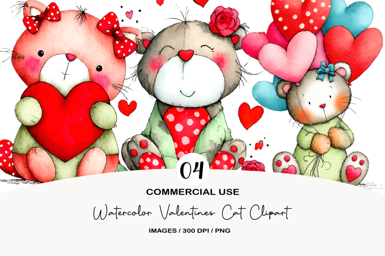Watercolor Valentines Cat Clipart