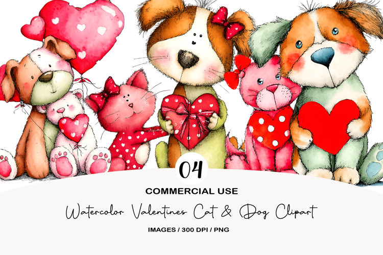 Watercolor Valentines Cat & Dog Clipart
