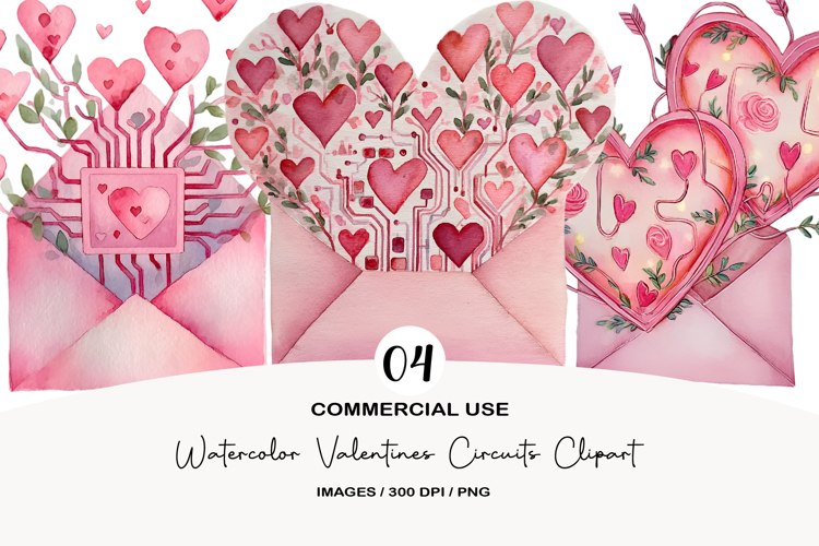 Watercolor Valentines Circuits Clipart
