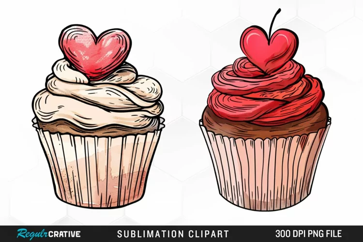 Watercolor Valentines Cupcake Artwork Clipart