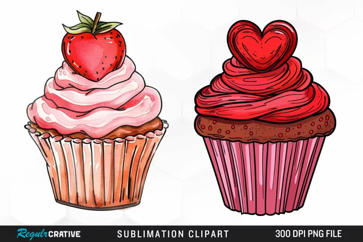Watercolor Valentines Cupcake Artwork Clipart