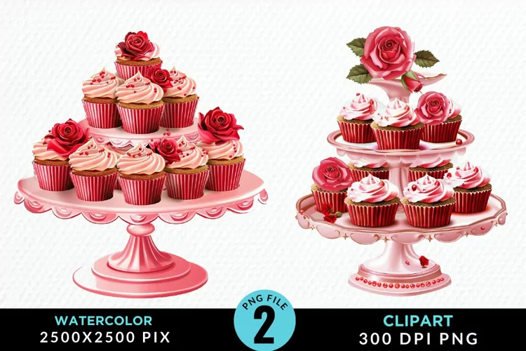 Watercolor Valentines Cupcakes Graphic Clipart