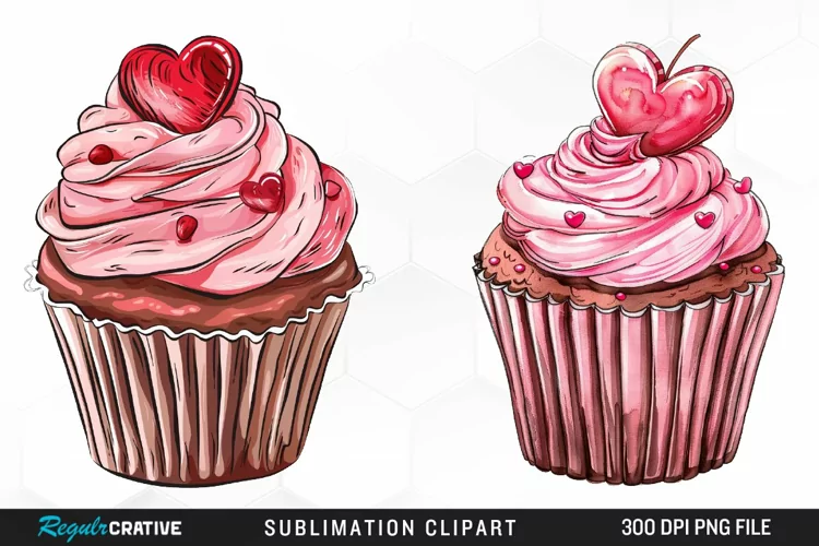 Watercolor Valentines Cupcakes Collection Clipart