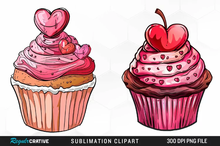 Watercolor Valentines Cupcakes Collection Clipart