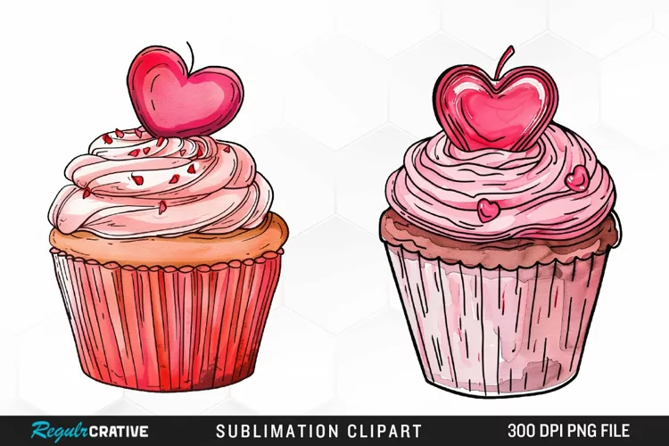 Watercolor Valentines Cupcakes Collection Clipart
