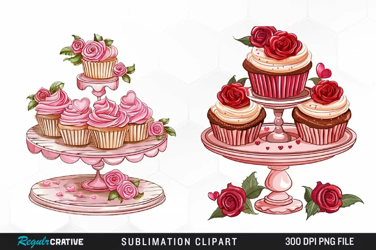 Watercolor Valentines Cupcakes Collection Clipart