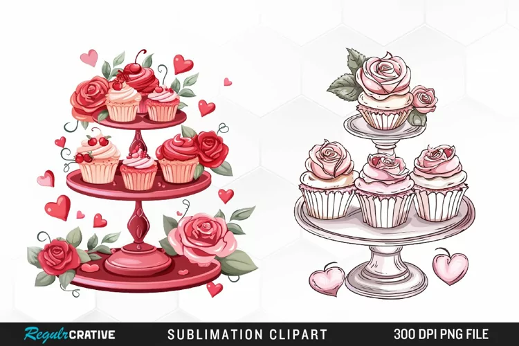 Watercolor Valentines Cupcakes Collection Clipart