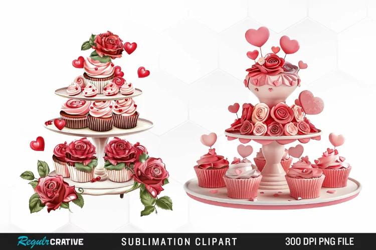Watercolor Valentines Cupcakes Collection Clipart