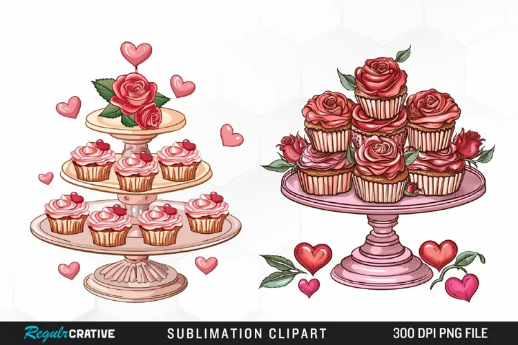 Watercolor Valentines Cupcakes Exquisite Clipart