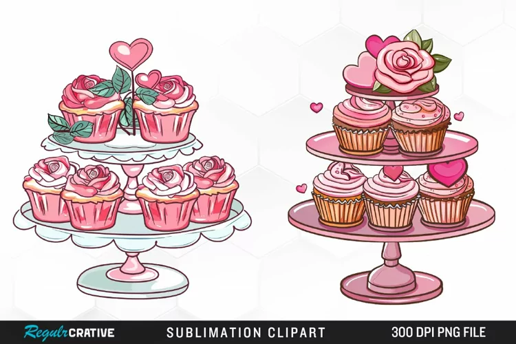 Watercolor Valentines Cupcakes Collection Clipart