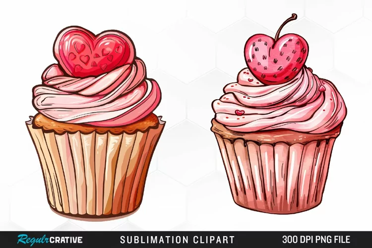 Watercolor Valentines Cupcakes Collection Clipart