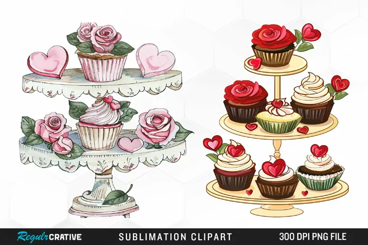 Watercolor Valentines Cupcakes Collection Clipart