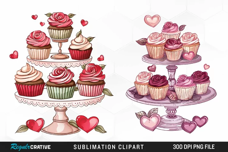 Watercolor Valentines Cupcakes Collection Clipart